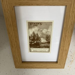 wooden frame showing vintage Seagars Gin